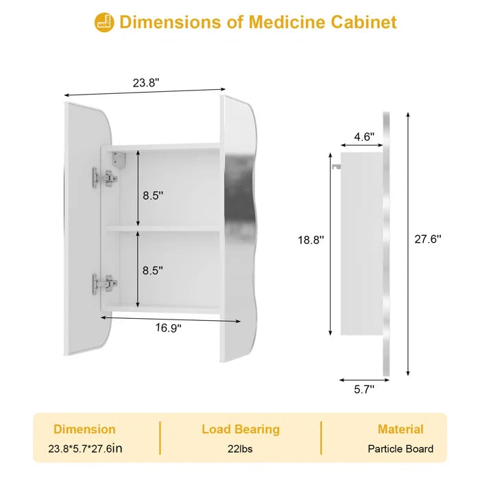 Wave Shape Wall Mirror Cabinet with Storage Shelves Inside