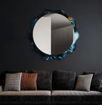 Wavy Frame Round Acrylic Wall Mirror in Blue Marble Design