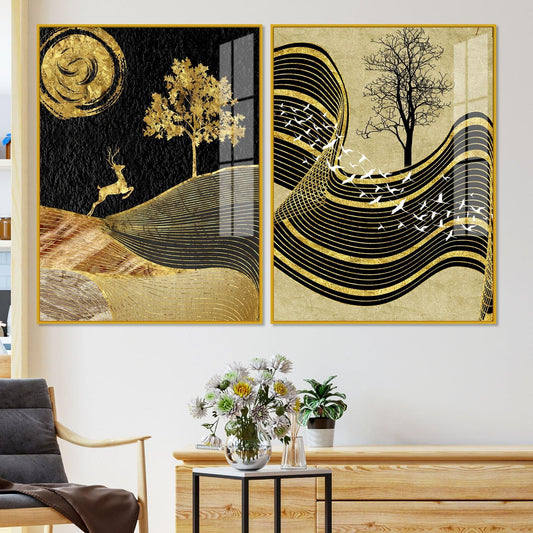 Wavy Golden Lines Mountains Premium Acrylic Floating Wall Painting Set Of 2 - Decor Smart