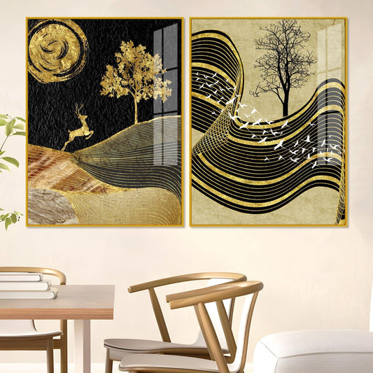Wavy Golden Lines Mountains Premium Acrylic Floating Wall Painting Set Of 2 - Decor Smart