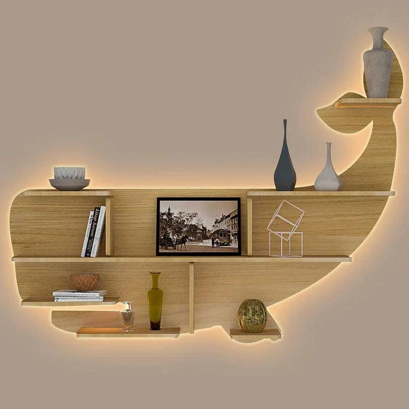 Whale Backlit Designer Wooden Wall Shelf / Book Shelf / Night Light, Light Oak Finish - Decor Smart