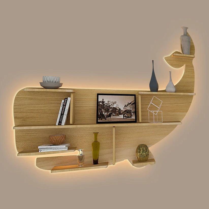 Whale Backlit Designer Wooden Wall Shelf / Book Shelf / Night Light, Light Oak Finish - Decor Smart