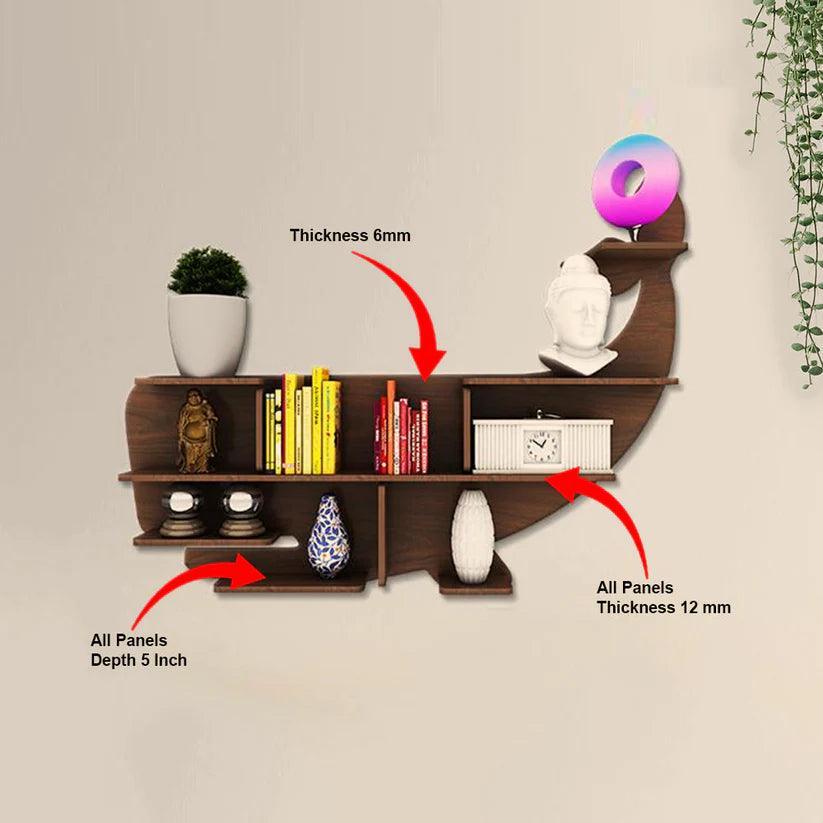 Whale Backlit Designer Wooden Wall Shelf / Book Shelf / Night Light, Walnut Finish - Decor Smart