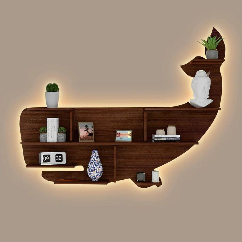 Whale Backlit Designer Wooden Wall Shelf / Book Shelf / Night Light, Walnut Finish - Decor Smart