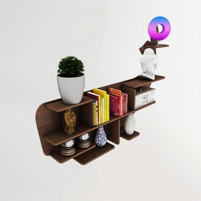 Whale Backlit Designer Wooden Wall Shelf / Book Shelf / Night Light, Walnut Finish - Decor Smart
