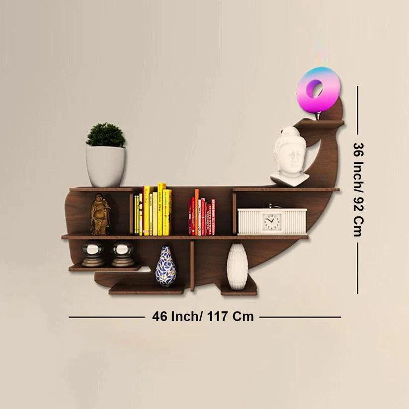 Whale Backlit Designer Wooden Wall Shelf / Book Shelf / Night Light, Walnut Finish - Decor Smart