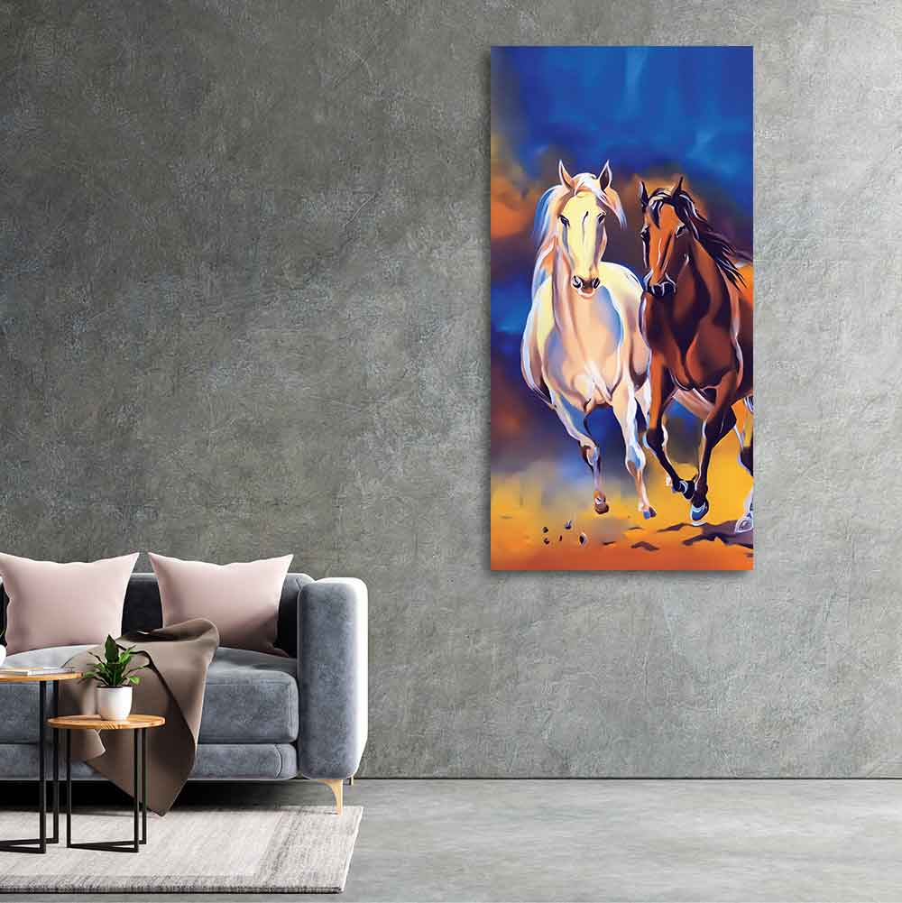White & Brown Horse Running Canvas Wall Hanging Painting - Decor Smart