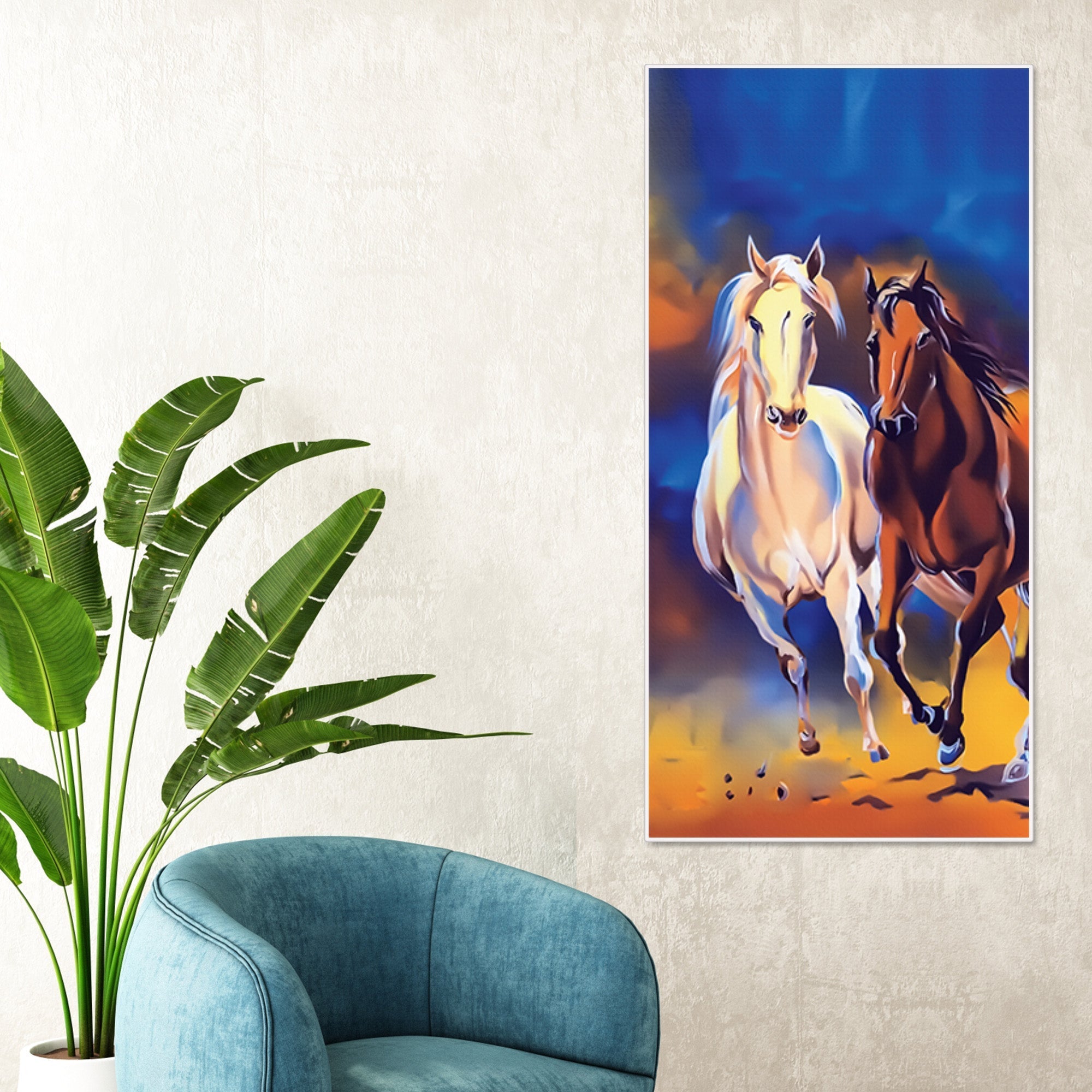 White & Brown Horse Running Canvas Wall Hanging Painting - Decor Smart