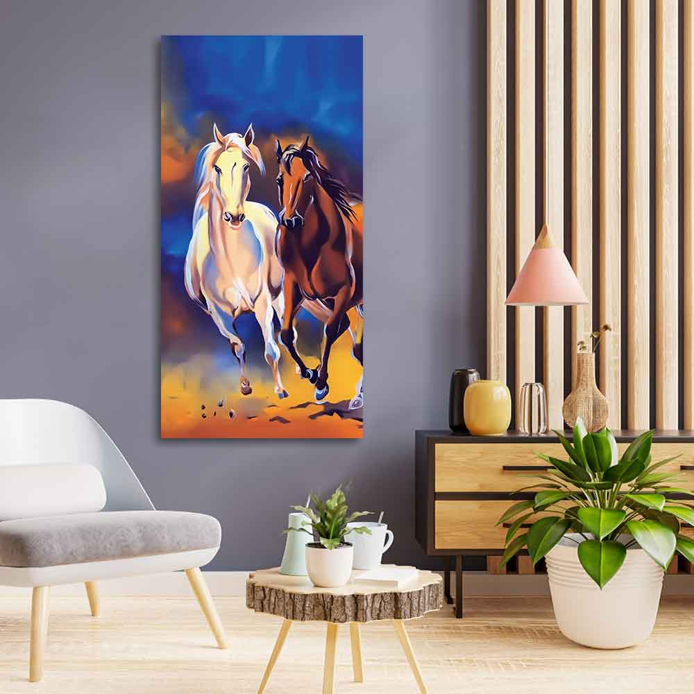 White & Brown Horse Running Canvas Wall Hanging Painting - Decor Smart