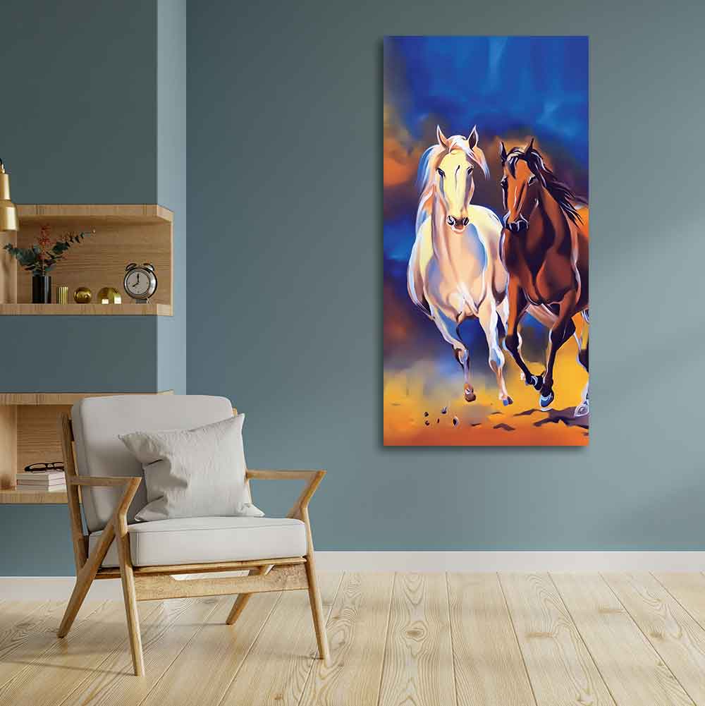 White & Brown Horse Running Canvas Wall Hanging Painting - Decor Smart