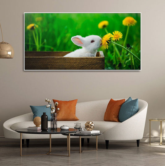 White Bunny in Yellow Flowers – Garden Canvas Wall Painting - Decor Smart