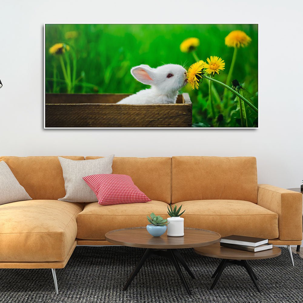 White Bunny in Yellow Flowers – Garden Canvas Wall Painting - Decor Smart