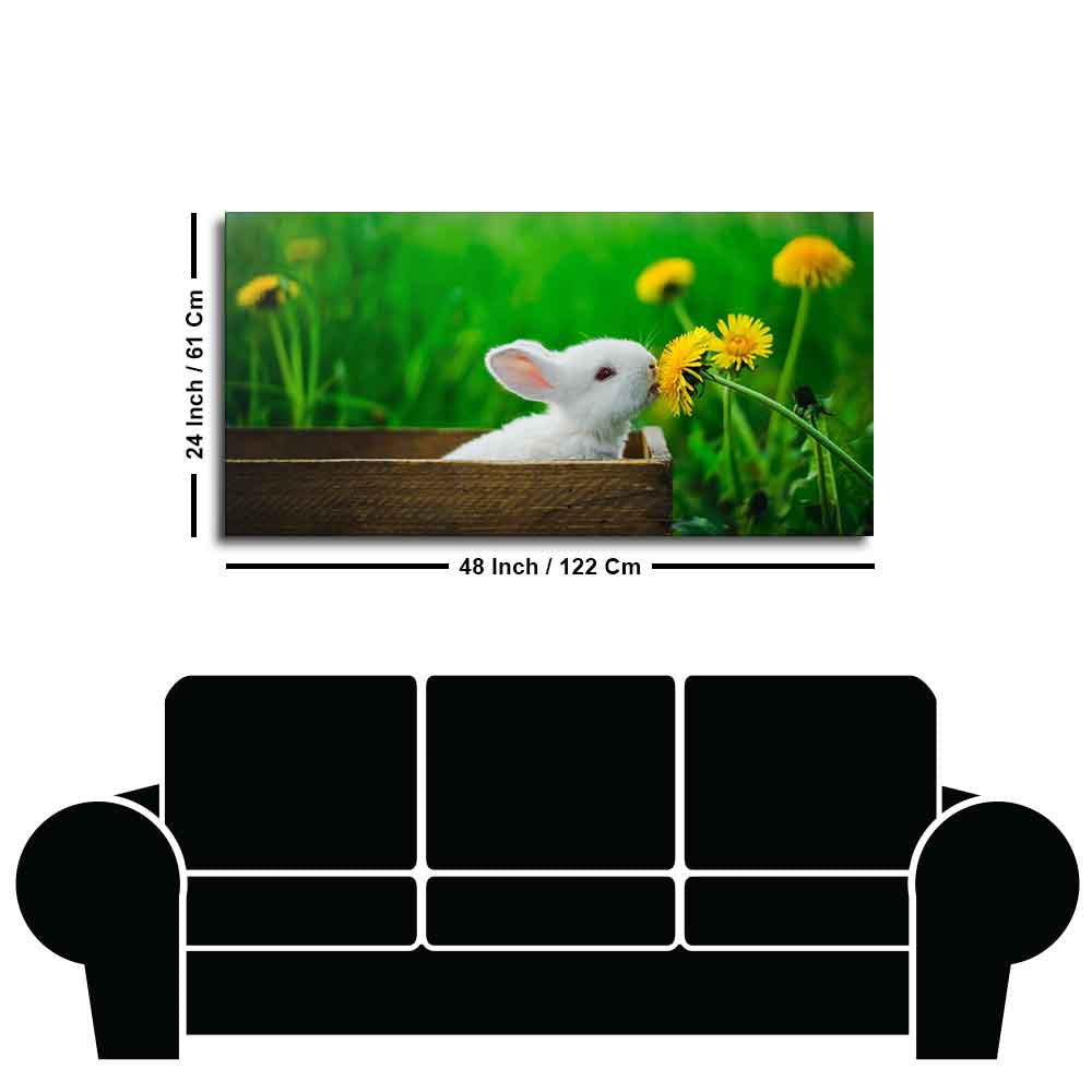 White Bunny in Yellow Flowers – Garden Canvas Wall Painting - Decor Smart