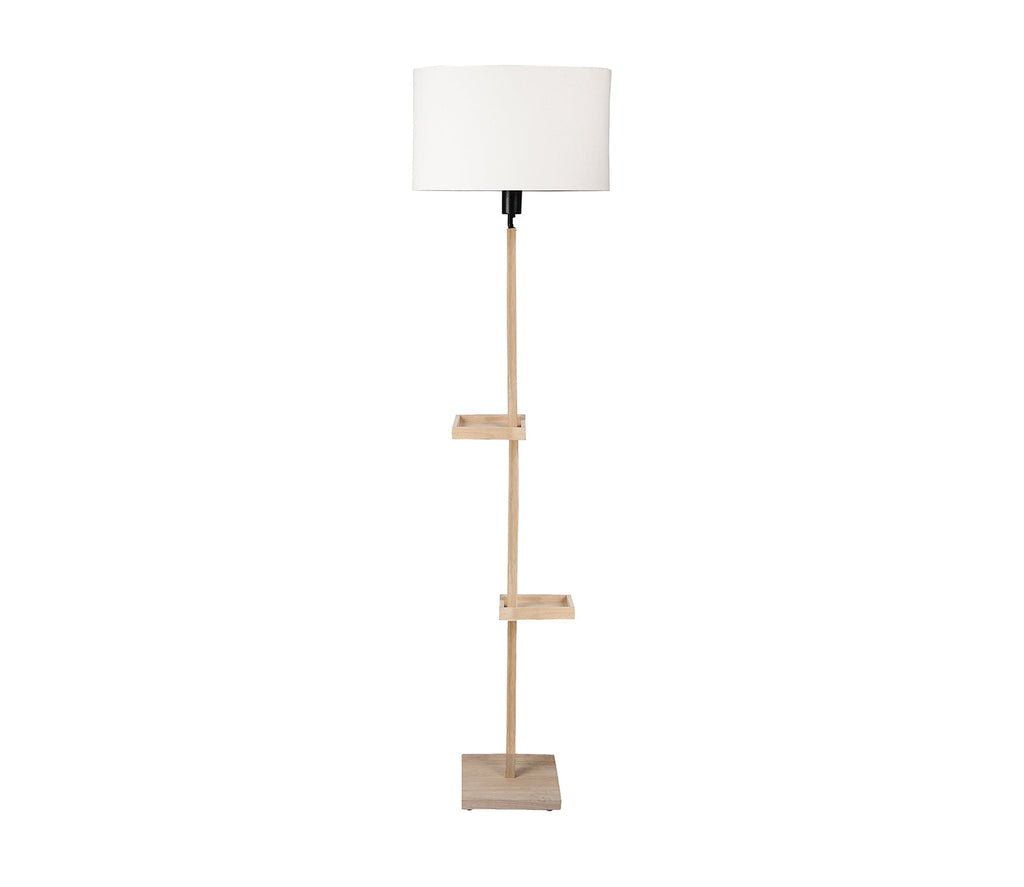 White Fabric Double Shelf Floor Lamp with Natural Solid Wood Color Base