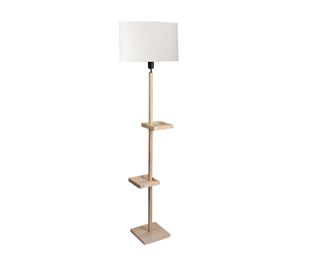 White Fabric Double Shelf Floor Lamp with Natural Solid Wood Color Base