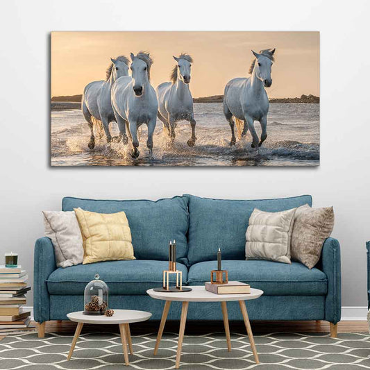 White Horses Galoping in Water Premium Wall Painting - Decor Smart