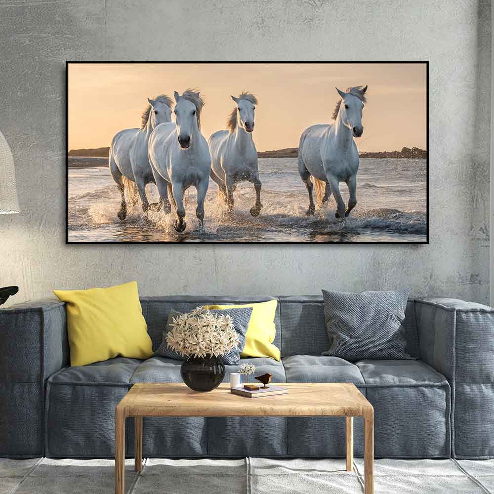 White Horses Galoping in Water Premium Wall Painting - Decor Smart
