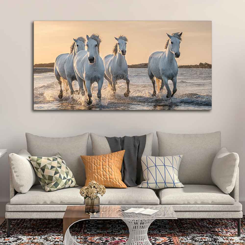 White Horses Galoping in Water Premium Wall Painting - Decor Smart