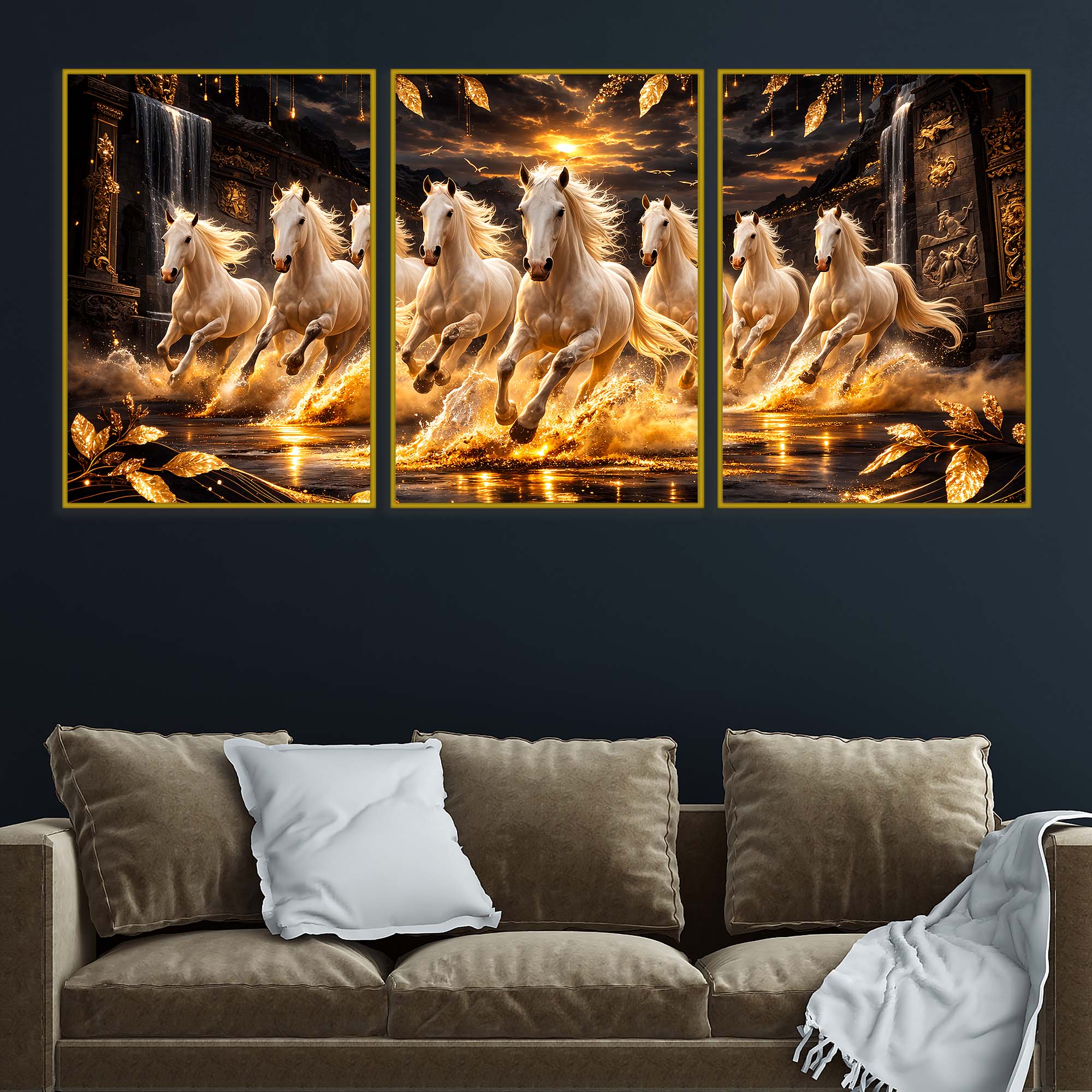 White Horses Running In Golden Splashing Water Floating Frame Crystal Wall Painting Set of 3