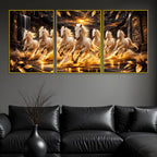 White Horses Running In Golden Splashing Water Floating Frame Crystal Wall Painting Set of 3