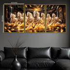 White Horses Running In Golden Splashing Water Floating Frame Crystal Wall Painting Set of 3