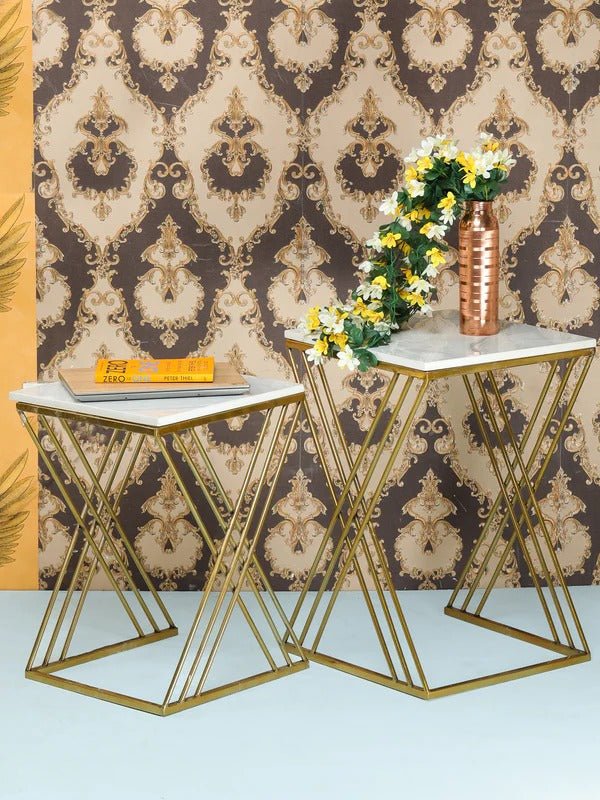 White Marble Golden Iron Stand Side Coffee Table Set of 2 - Decor Smart