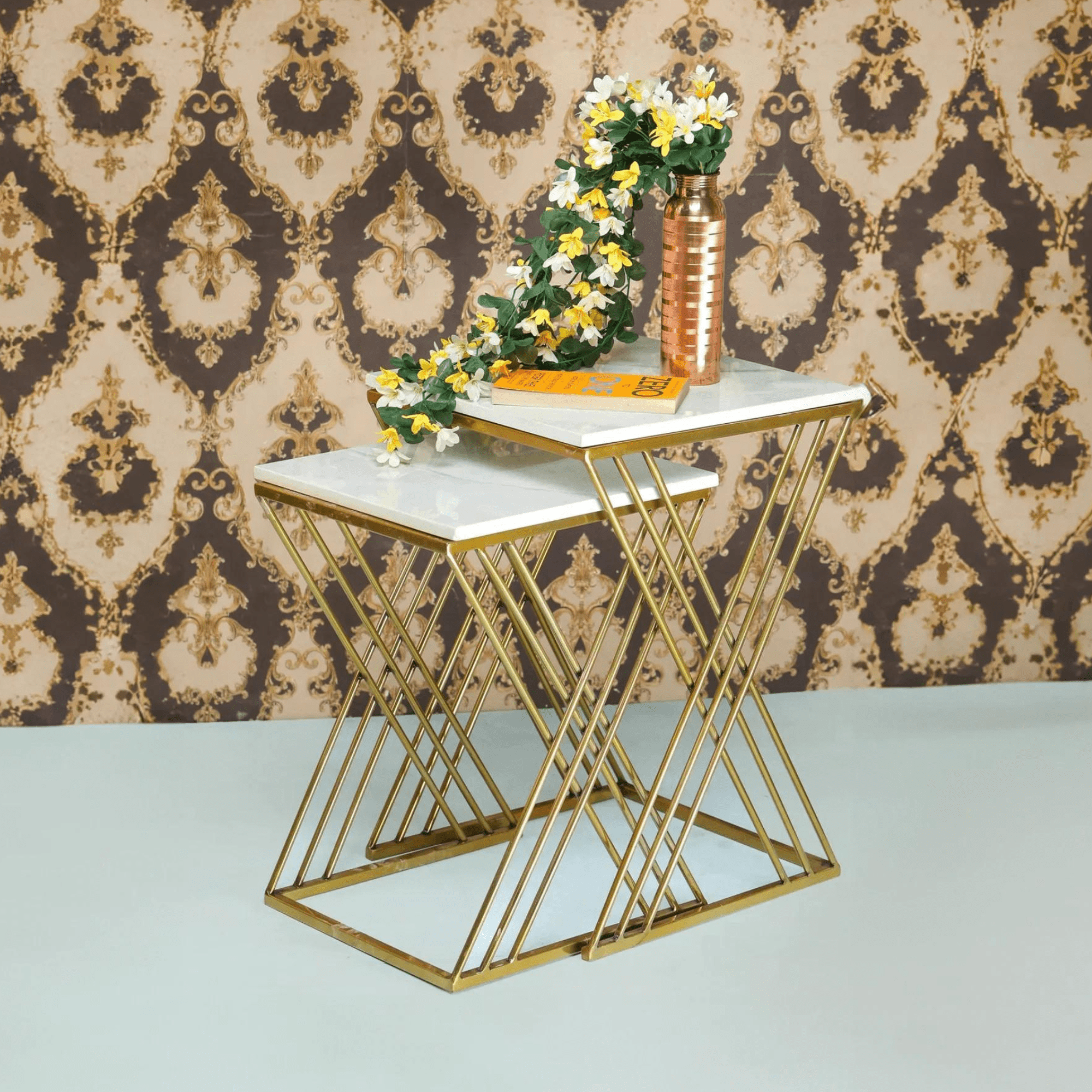 White Marble Golden Iron Stand Side Coffee Table Set of 2 - Decor Smart