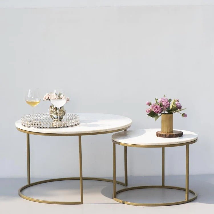White Marble Round Iron Stand Coffee Tables Set of 2 - Decor Smart