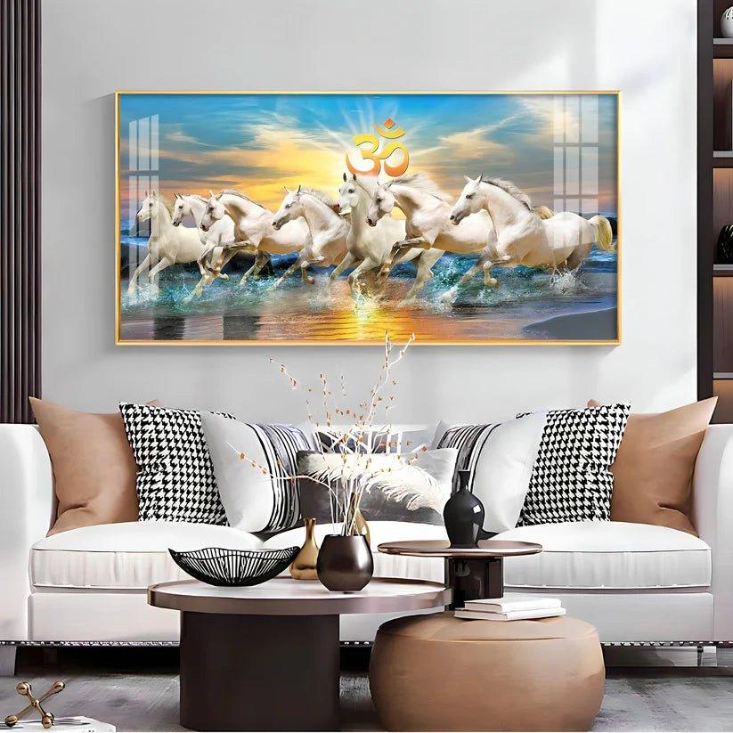 White Running Horses in Sea with Om Premium Acrylic Floating Wall Painting - Decor Smart