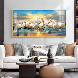 White Running Horses in Sea with Om Premium Acrylic Floating Wall Painting - Decor Smart