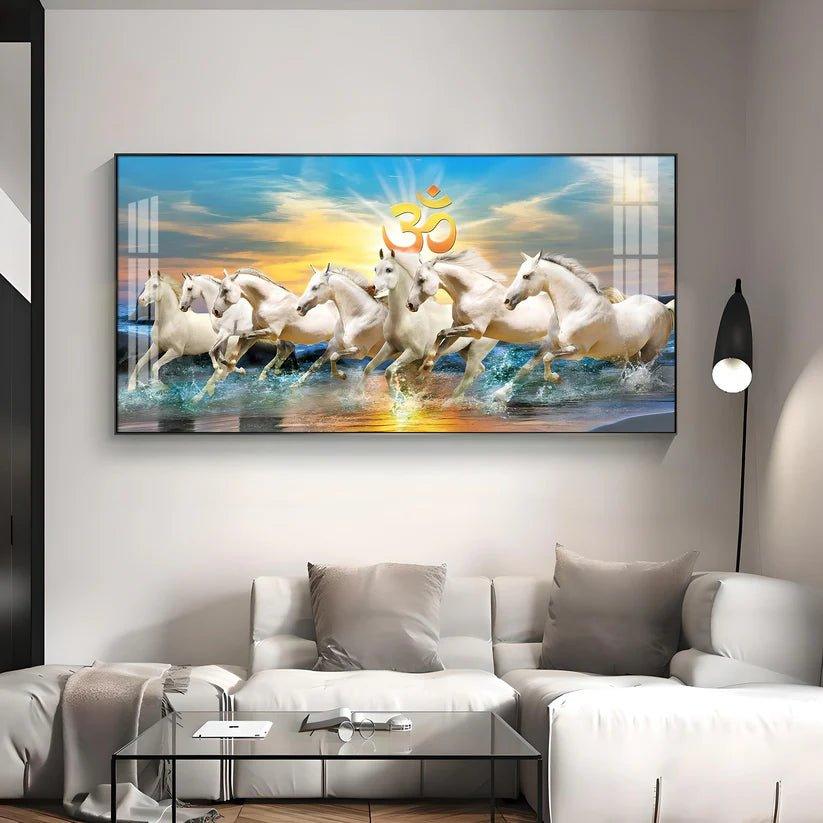 White Running Horses in Sea with Om Premium Acrylic Floating Wall Painting - Decor Smart