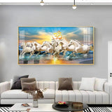 White Running Horses in Sea with Om Premium Acrylic Floating Wall Painting - Decor Smart