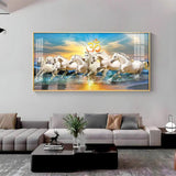 White Running Horses in Sea with Om Premium Acrylic Floating Wall Painting - Decor Smart