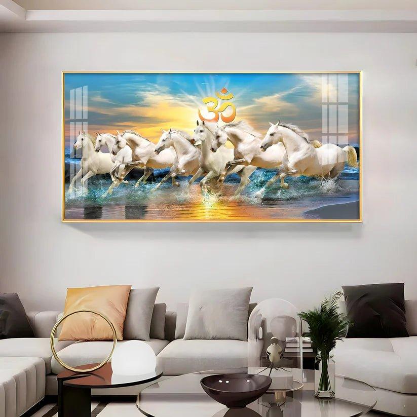 White Running Horses in Sea with Om Premium Acrylic Floating Wall Painting - Decor Smart