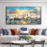 White Running Horses in Sea with Om Premium Acrylic Floating Wall Painting - Decor Smart