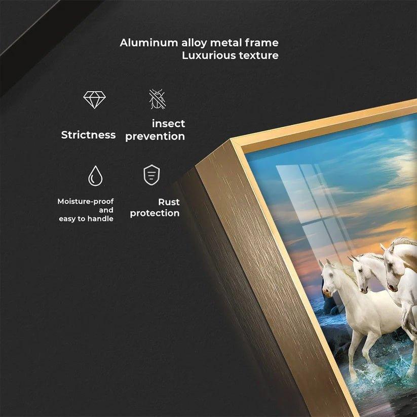 White Running Horses in Sea with Om Premium Acrylic Floating Wall Painting - Decor Smart