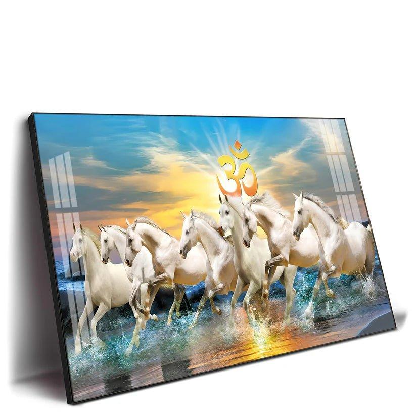 White Running Horses in Sea with Om Premium Acrylic Floating Wall Painting - Decor Smart