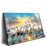 White Running Horses in Sea with Om Premium Acrylic Floating Wall Painting - Decor Smart
