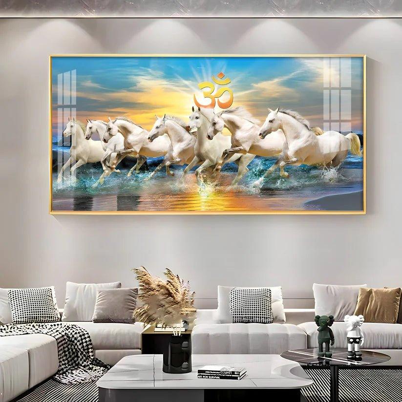 White Running Horses in Sea with Om Premium Acrylic Floating Wall Painting - Decor Smart