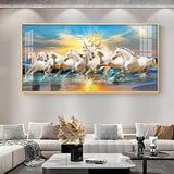 White Running Horses in Sea with Om Premium Acrylic Floating Wall Painting - Decor Smart