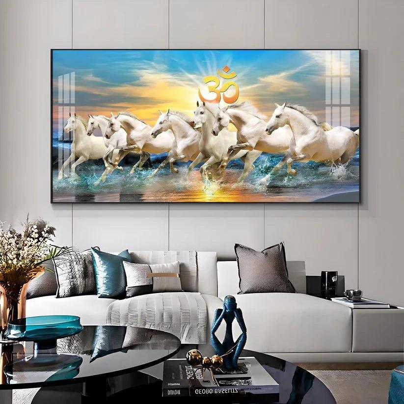 White Running Horses in Sea with Om Premium Acrylic Floating Wall Painting - Decor Smart