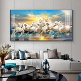 White Running Horses in Sea with Om Premium Acrylic Floating Wall Painting - Decor Smart