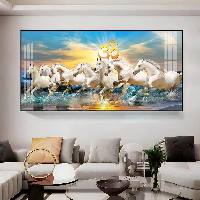 White Running Horses in Sea with Om Premium Acrylic Floating Wall Painting - Decor Smart