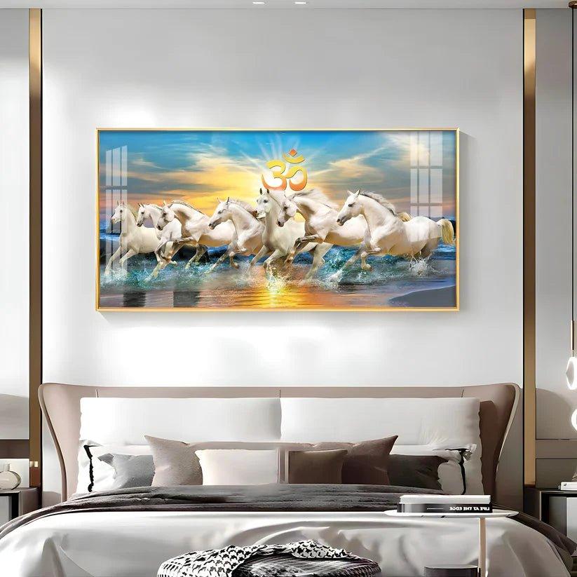 White Running Horses in Sea with Om Premium Acrylic Floating Wall Painting - Decor Smart