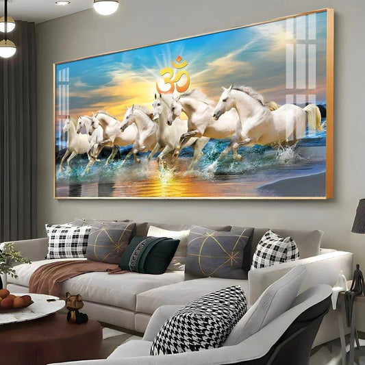 White Running Horses in Sea with Om Premium Acrylic Floating Wall Painting - Decor Smart