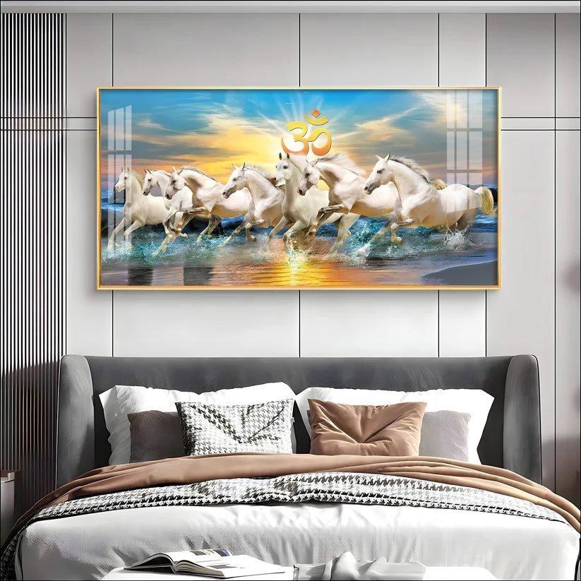 White Running Horses in Sea with Om Premium Acrylic Floating Wall Painting - Decor Smart