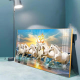 White Running Horses in Sea with Om Premium Acrylic Floating Wall Painting - Decor Smart