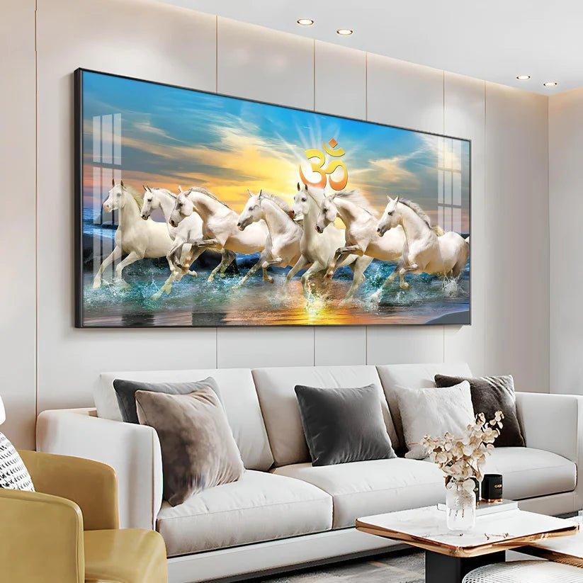 White Running Horses in Sea with Om Premium Acrylic Floating Wall Painting - Decor Smart