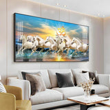 White Running Horses in Sea with Om Premium Acrylic Floating Wall Painting - Decor Smart