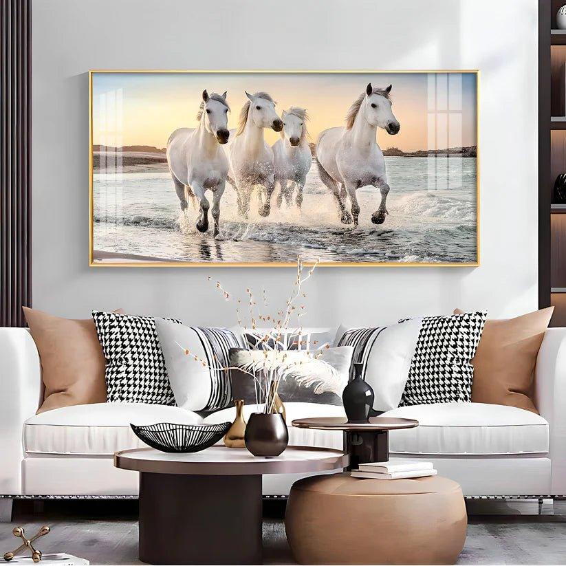 White Running Horses in The Sea Premium Acrylic Floating Wall Painting - Decor Smart